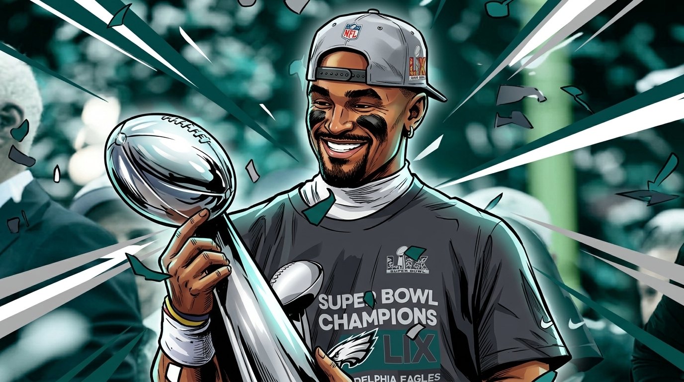 Comic-style illustration of Jalen Hurts holding the Lombardi Trophy in a Super Bowl LIX champions shirt and backwards cap as confetti falls
