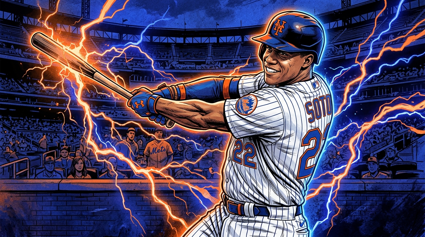 Juan Soto in electric energy comic art style